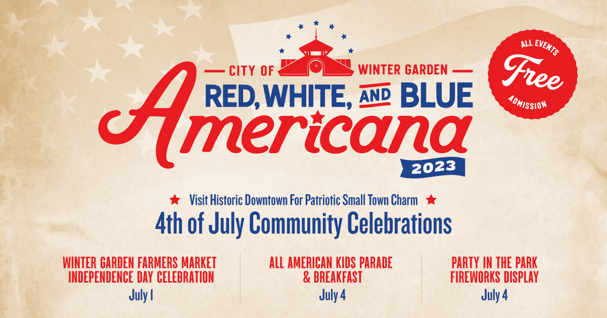 red white and blue americana winter garden event graphic with info